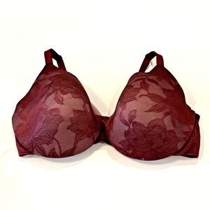 Cacique 44DDD Underwire Bra Lightly Lined Full Coverage Lace Maroon Burgundy